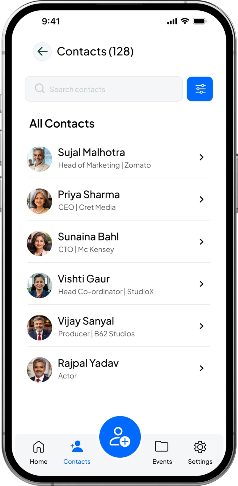 Actual Met'em contacts screen
