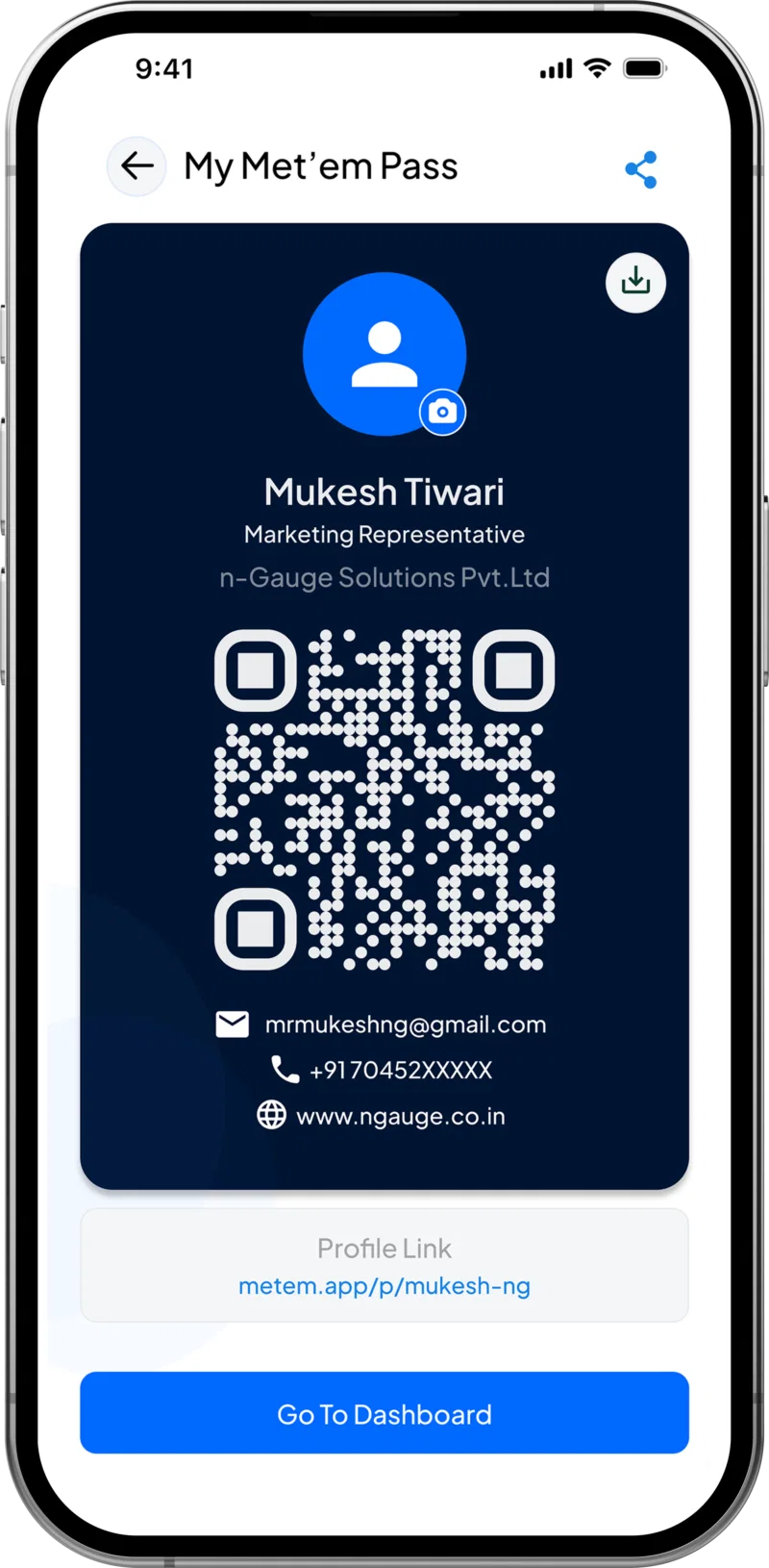 Met'em digital QR profile pass screen