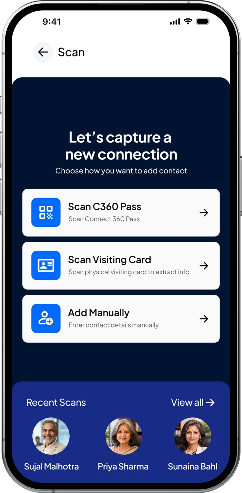 Met'em QR and visiting card scanning screen